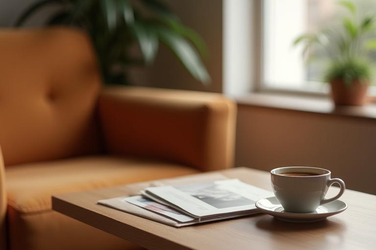 Hyggeligt venteområde med kaffe og wifi